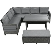 5-Piece Rattan Patio Sofa with Extendable Side Table & Dining Table, All-Weather Wicker Sectional for Garden, 47" L x 27.5" W x 27.5" H, Gray(m-2)