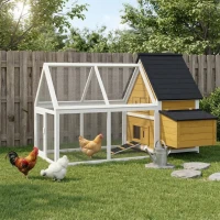 PawHut 65" Chicken Coop Wooden Chicken House Rabbit Hutch Poultry Cage Hen Pen Backyard with Nesting Box, Ramp, Run, Yellow(m-10)
