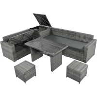 6-Piece Patio Rattan Set with Adjustable Lounger & Storage Box, All-Weather Wicker Furniture for Garden, 75.5" L x 27.5" W x 28.5" H, Grey(m-11)