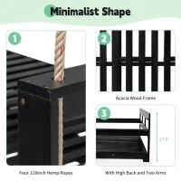 Twin Size Porch Swing Daybed with 4 Hanging Ropes and High Back, Acacia Wood Swing Bench for Garden, 82'' L x 40.5'' W x 27.5'' H, Black(m-7)