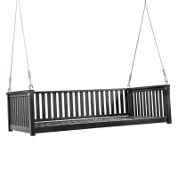 Twin Size Acacia Wood Porch Swing with Ropes for Patio & Garden, Hanging Swing Bed with Sloped Design, 79'' L x 41.5'' W x 21'' H, Black(m-12)