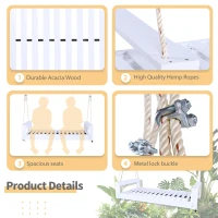 Twin Porch Swing Bed with Acacia Wood Frame & Hemp Ropes, Outdoor Hanging Daybed for Patio & Garden, 86'' L x 41.5'' W x 17.5'' H, White(m-6)