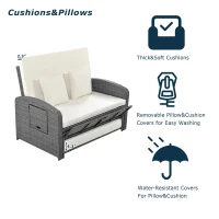 Stylish Double Chaise Lounge with Adjustable Back, 2-Person Rattan Daybed with Thick Cushion, 53.5" L x 43" W x 21.5" H, White(m-6)