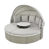 Round Rattan Patio Daybed with Retractable Canopy and Table, Versatile Sunbed with Separate Garden Seating, 66.5" L x 65" W x 53.5" H, Gray(m-2)