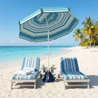 Outsunny 6 ft Portable Beach Umbrella with Foldable Table, Tilting Outdoor Sun Shade with Sand Anchor, Sandbag, Dark Blue(m-1)