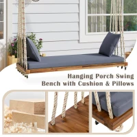 Acacia Wood Porch Swing with 10.8 FT Hemp Ropes, Cushion, 2 Pillows, Hanging Porch Swing Bench for Patio, 63'' L x 23.5'' W x 2'' H, Natural(m-4)