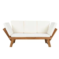 Expandable Acacia Wood Daybed with Cushions, Adjustable Patio Chaise Lounge for Compact Space, 78.5" L x 21.5" W x 32" H, Natural+Beige(m-2)