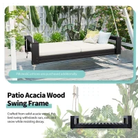 Twin Size Porch Swing Bed for Patio, Garden & Backyard, Acacia Wood Hanging Daybed with Hemp Rope, 86'' L x 41.5'' W x 17.5'' H, Black(m-4)