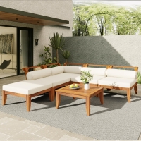 6 Piece Patio Sofa Set with Tea Table & Ottoman for Garden, Modular Sectional with 5 Thick Cushion, 30" L x 27.5" W x 16" H, Teak+Beige