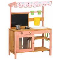 Qaba Kids Mud Kitchen with Canopy, Outdoor Wooden Play Kitchen with Planter Box, Accessories for Age 3-6, Pink
