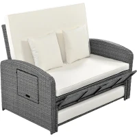 Stylish Double Chaise Lounge with Adjustable Back, 2-Person Rattan Daybed with Thick Cushion, 53.5" L x 43" W x 21.5" H, White(m-12)