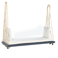 Acacia Wood Porch Swing with Cushion & 2 Pillow for Garden, Hanging Patio Bench with Durable Hemp Rope, 63" L x 23.5" W x 2" H, Gray(m-13)