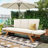 Expandable Acacia Wood Daybed with Cushions, Adjustable Patio Chaise Lounge for Compact Space, 78.5" L x 21.5" W x 32" H, Natural+Beige(m-7)