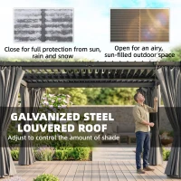 Outsunny 10 x 13 ft Louvered Pergola with Steel Roof, Curtains, Outdoor Metal Pergola Gazebo with Drainage Gutters, Grey(m-4)
