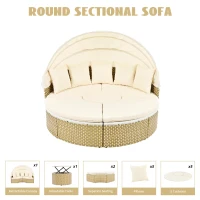 Round Rattan Patio Daybed with Retractable Canopy and Table, Versatile Sunbed with Separate Garden Seating, 66.5" L x 65" W x 53.5" H, Beige(m-4)