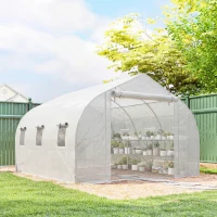 Outsunny 10'x11'x6' Walk-in Tunnel Greenhouse with Shelves, Mesh Door and Windows, Plant Hot House with PE Cover, White(m-10)