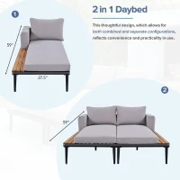 2 In 1 Outdoor Daybed with Wood Side Table for Patio, Convertible Padded Chaise Lounge with Adjustable Leg, 59" L x 55" W x 21" H, Gray(m-6)