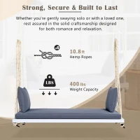 Patio Wooden Swing Chair with 10.8FT Hemp Rop, Hanging Acacia Wood Porch Swing with Cushion & Pillow, 63'' L x 23.5 W x 2'' H, White(m-6)