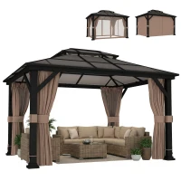 Outsunny 10' x 12' Hardtop Gazebo Canopy with Double PC Roof, Steel Permanent Outdoor Gazebo with Curtains and Netting, Khaki(m-11)