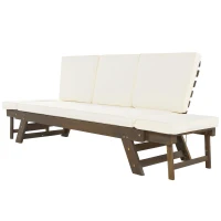 Expandable Acacia Wood Daybed with Cushions, Adjustable Patio Chaise Lounge for Compact Space, 78.5" L x 21.5" W x 32" H, Beige(m-12)