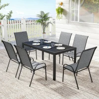Outsunny Outdoor Dining Set for 6, Faux Wood Metal Patio Table and Mesh Stackable Chairs with Umbrella Hole, Mixed Grey(m-8)