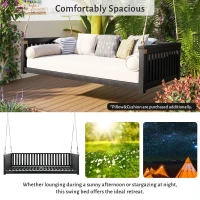 Twin Size Acacia Wood Porch Swing with Ropes for Patio & Garden, Hanging Swing Bed with Sloped Design, 79'' L x 41.5'' W x 21'' H, Black(m-5)