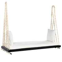 Acacia Wood Porch Swing with Plush Cushion & 2 Throw Pillow, Hanging Swing Bench for Garden & Backyard, 63'' L x 23.5'' W x 2'' H, Black(m-14)