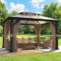 Outsunny 10' x 12' Hardtop Gazebo Canopy with Double PC Roof, Steel Permanent Outdoor Gazebo with Curtains and Netting, Khaki(m-8)