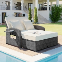 Stylish Double Chaise Lounge with Adjustable Back, 2-Person Rattan Daybed with Thick Cushion, 53.5" L x 43" W x 21.5" H, White