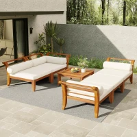 6 Piece Patio Sofa Set with Tea Table & Ottoman for Garden, Modular Sectional with 5 Thick Cushion, 30" L x 27.5" W x 16" H, Teak+Beige(m-8)