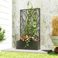 Outsunny Metal Planter Box with Trellis, 44.5" Raised Garden Bed with Trellis Privacy Screen for Climbing Plants, Leaves Cut-Out(m-8)