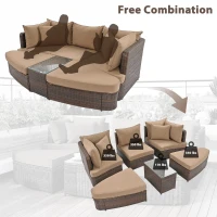 Round Patio Sofa Set with All-Weather Wicker & Thick Cushions, PE Rattan Conversation Group for Garden, 87" L x 61" W x 33.5" H, Brown(m-4)