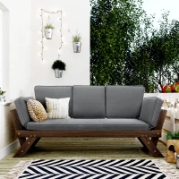 Expandable Acacia Wood Daybed with Cushions, Adjustable Patio Chaise Lounge for Compact Space, 78.5" L x 21.5" W x 32" H, Gray(m-1)