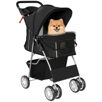 PawHut Pet Stroller with Reflective Strips, Foldable Cat Stroller with 360° Swivel Wheels for Small Dogs and Cats, Black(m-11)