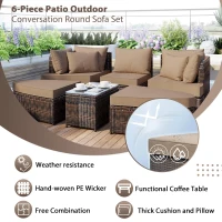Round Patio Sofa Set with All-Weather Wicker & Thick Cushions, PE Rattan Conversation Group for Garden, 87" L x 61" W x 33.5" H, Brown(m-5)