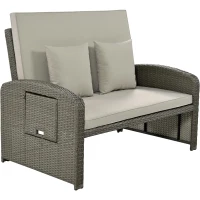 Stylish Double Chaise Lounge with Adjustable Back, 2-Person Rattan Daybed with Thick Cushion, 53.5" L x 43" W x 21.5" H, Gray(m-12)