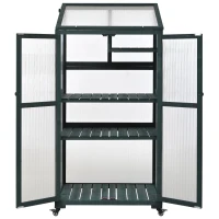 Portable Wood Greenhouse with Wheels & 3-Tier Shelf, Solid Wood Frame with Openable Roof for Balcony, 31.5'' L x 22.5'' W x 62'' H, Green(m-13)