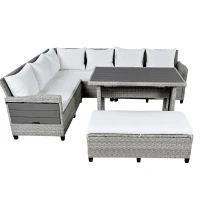 5-Piece Rattan Patio Sofa with Extendable Side Table & Dining Table, All-Weather Wicker Sectional for Garden, 47" L x 27.5" W x 27.5" H, White(m-2)