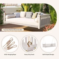 Minimalist Swing Bed with Safe Sloped Design for Backyard, Wooden Porch Swing with High Weight Capacity, 79" L x 41.5" W x 21" H, White(m-5)