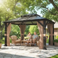 Outsunny 10' x 12' Hardtop Gazebo Canopy with Double PC Roof, Steel Permanent Outdoor Gazebo with Curtains and Netting, Khaki(m-1)