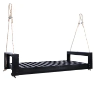 Twin Size Porch Swing Bed for Patio, Garden & Backyard, Acacia Wood Hanging Daybed with Hemp Rope, 86'' L x 41.5'' W x 17.5'' H, Black(m-12)