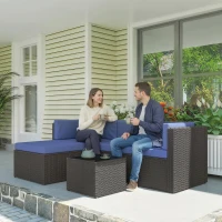 Outsunny 3 Piece Patio Furniture Set, Wicker Outdoor Patio Conversation Furniture Set with Cushions, Glass Top Table, Navy Blue(m-10)