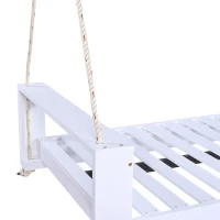 Twin Porch Swing Bed with Acacia Wood Frame & Hemp Ropes, Outdoor Hanging Daybed for Patio & Garden, 86'' L x 41.5'' W x 17.5'' H, White(m-8)