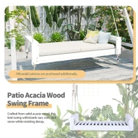 Twin Porch Swing Bed with Acacia Wood Frame & Hemp Ropes, Outdoor Hanging Daybed for Patio & Garden, 86'' L x 41.5'' W x 17.5'' H, White(m-4)