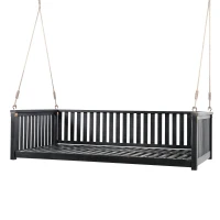 Twin Size Acacia Wood Porch Swing with Ropes for Patio & Garden, Hanging Swing Bed with Sloped Design, 79'' L x 41.5'' W x 21'' H, Black(m-2)