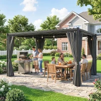 Outsunny 10 x 13 ft Louvered Pergola with Steel Roof, Curtains, Outdoor Metal Pergola Gazebo with Drainage Gutters, Grey(m-8)
