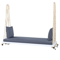 Patio Wooden Swing Chair with 10.8FT Hemp Rop, Hanging Acacia Wood Porch Swing with Cushion & Pillow, 63'' L x 23.5 W x 2'' H, White(m-13)