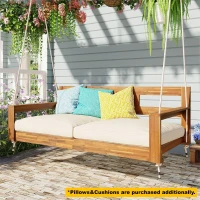 Twin Size Porch Swing Daybed with Acacia Wood Frame, Farmhouse Hanging Daybed for Patio & Garden, 82'' L x 40.5'' W x 27.5'' H, Natural(m-1)