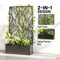 Outsunny Metal Planter Box with Trellis, 44.5" Raised Garden Bed with Trellis Privacy Screen for Climbing Plants, Leaves Cut-Out(m-4)