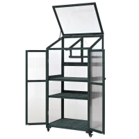 Portable Wood Greenhouse with Wheels & 3-Tier Shelf, Solid Wood Frame with Openable Roof for Balcony, 31.5'' L x 22.5'' W x 62'' H, Green(m-14)